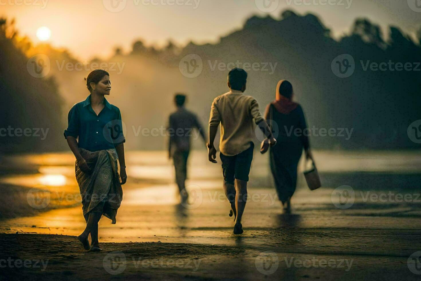 four people walking on the beach at sunset. AI-Generated photo