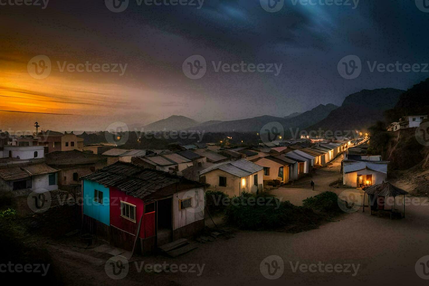 a village at sunset with colorful houses. AI-Generated photo