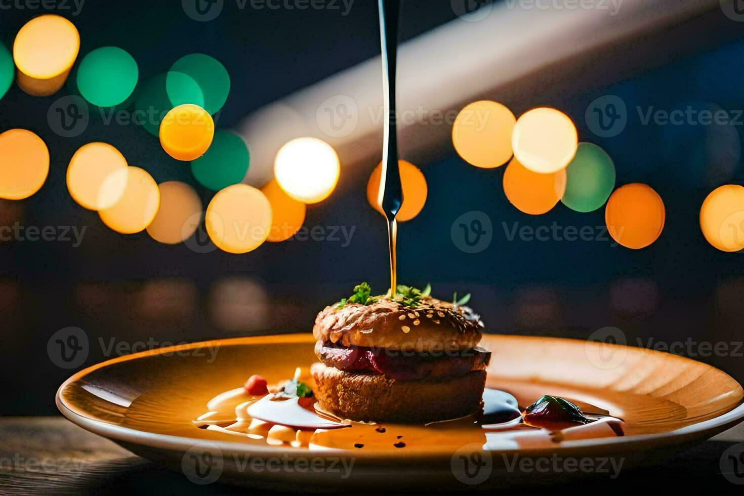 a plate with a burger on it being drizzled with sauce. AI-Generated photo