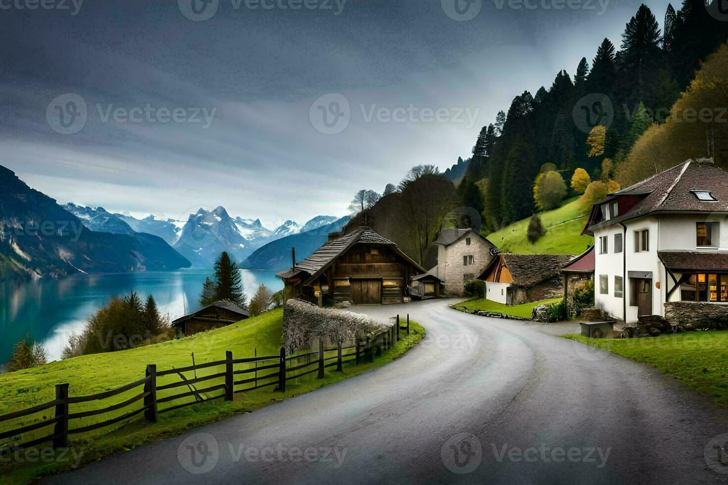 a road leading to a lake and mountains. AI-Generated photo