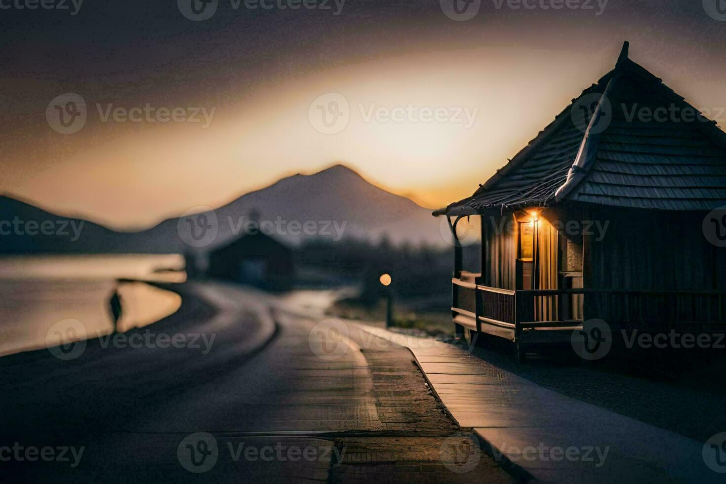 a small cabin sits on the side of a road at sunset. AI-Generated photo