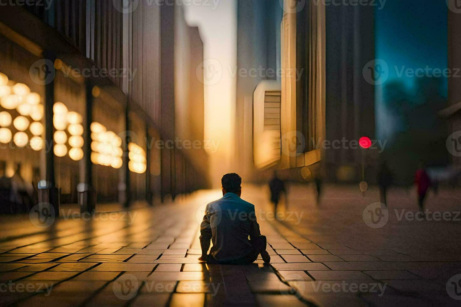 man sitting on the ground in the middle of a city. AI-Generated photo
