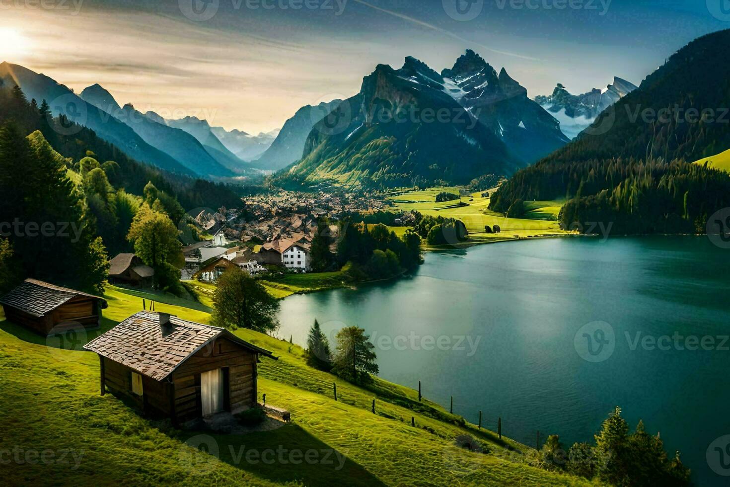 el Dom brilla en un lago en el montañas, rodeado por verde césped y arboles generado por ai foto