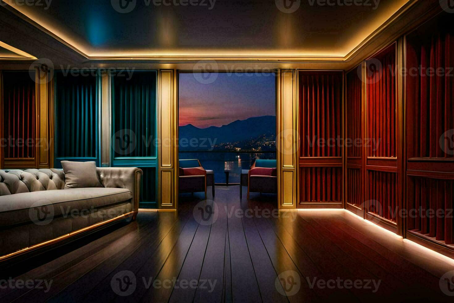 a living room with a couch and a window. AI-Generated photo