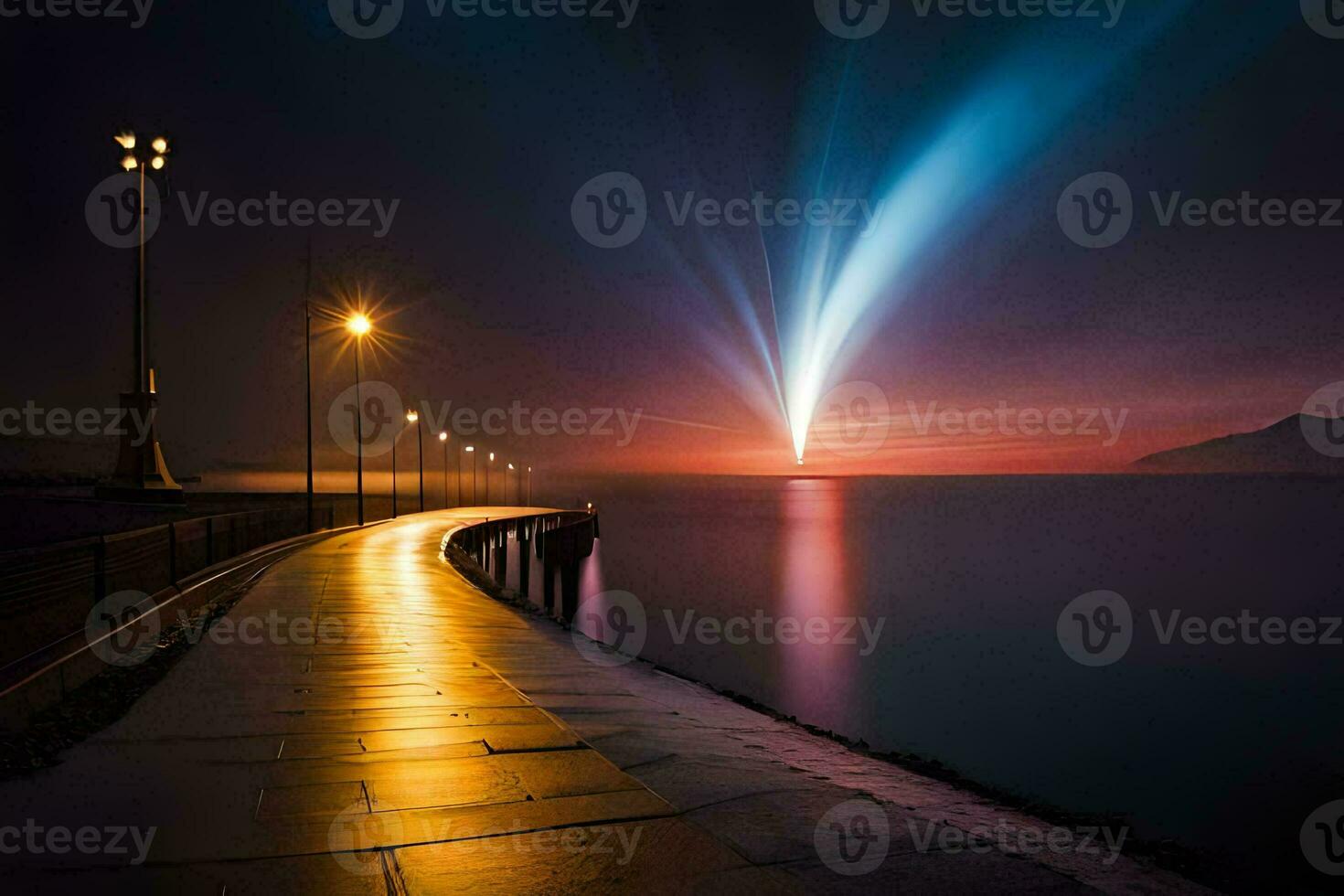 a long walk along the pier at night with a bright light shining. AI-Generated photo