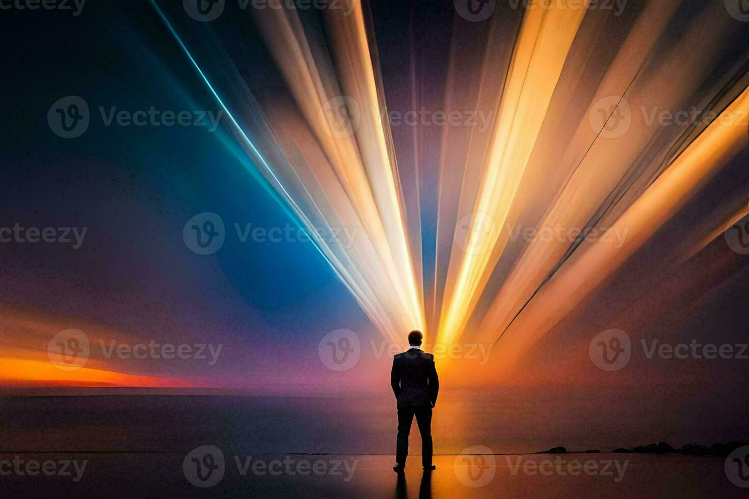 a man standing on the beach with light trails coming from the sky. AI-Generated photo