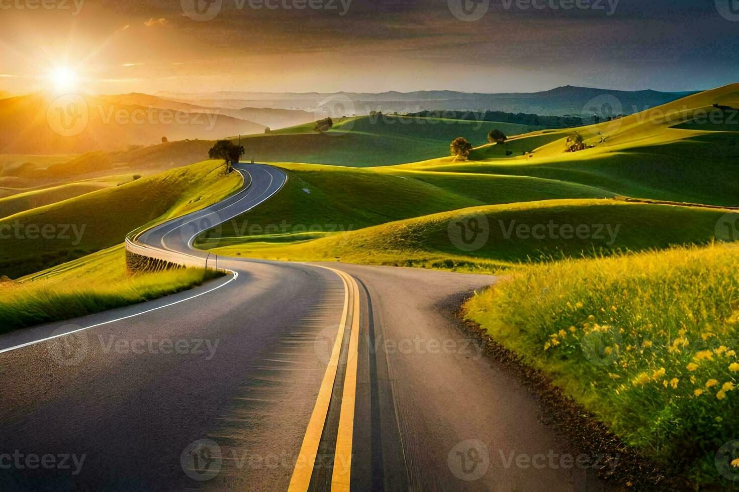 the road to the sunset. AI-Generated photo
