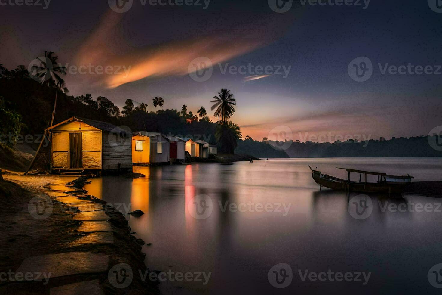 a boat sits on the shore at dusk. AI-Generated photo