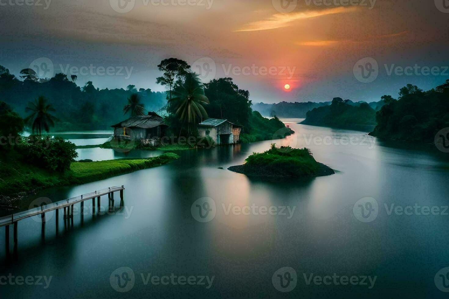 a beautiful sunset over a river in a tropical country. AI-Generated photo