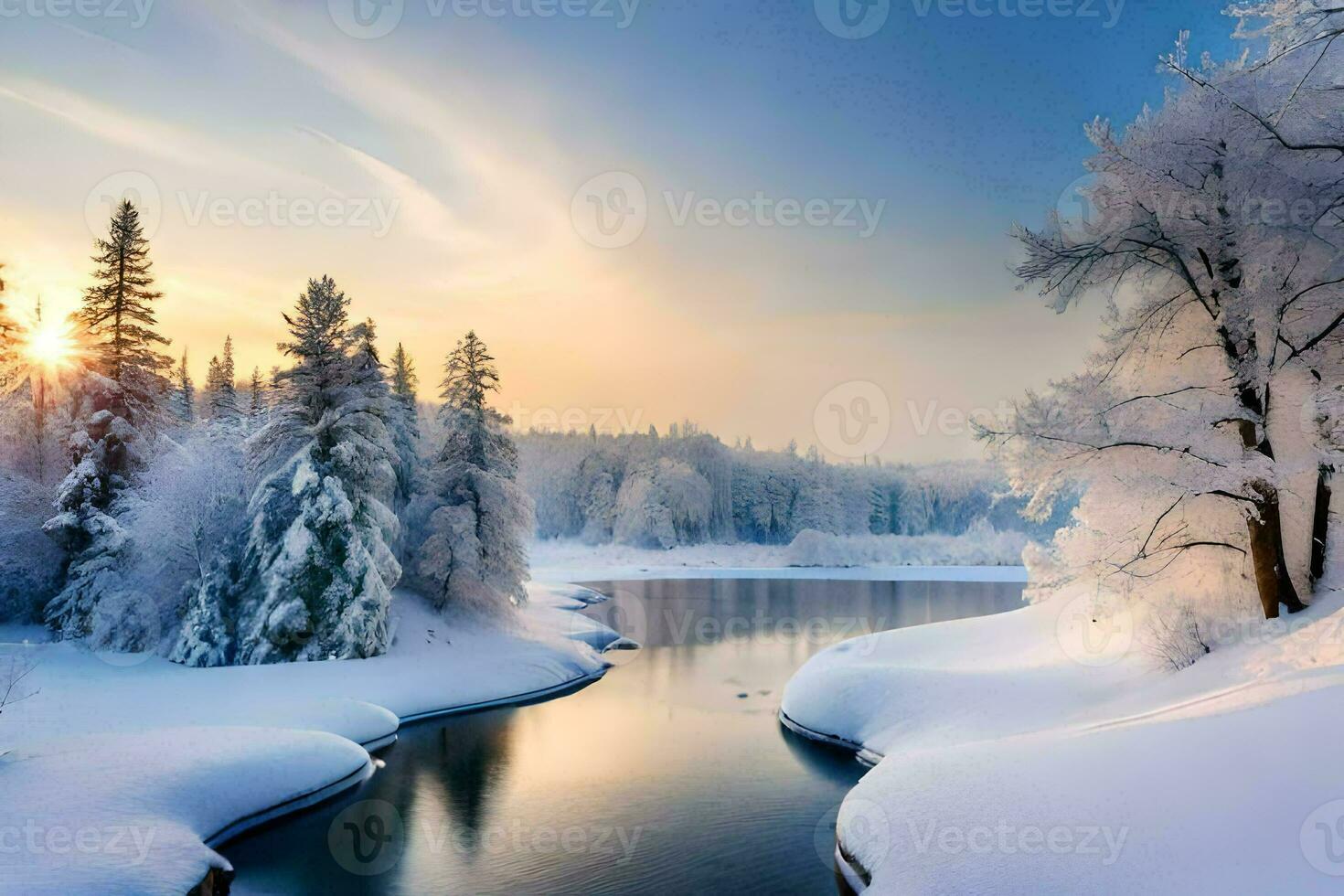 winter landscape with snow covered trees and river. AI-Generated photo