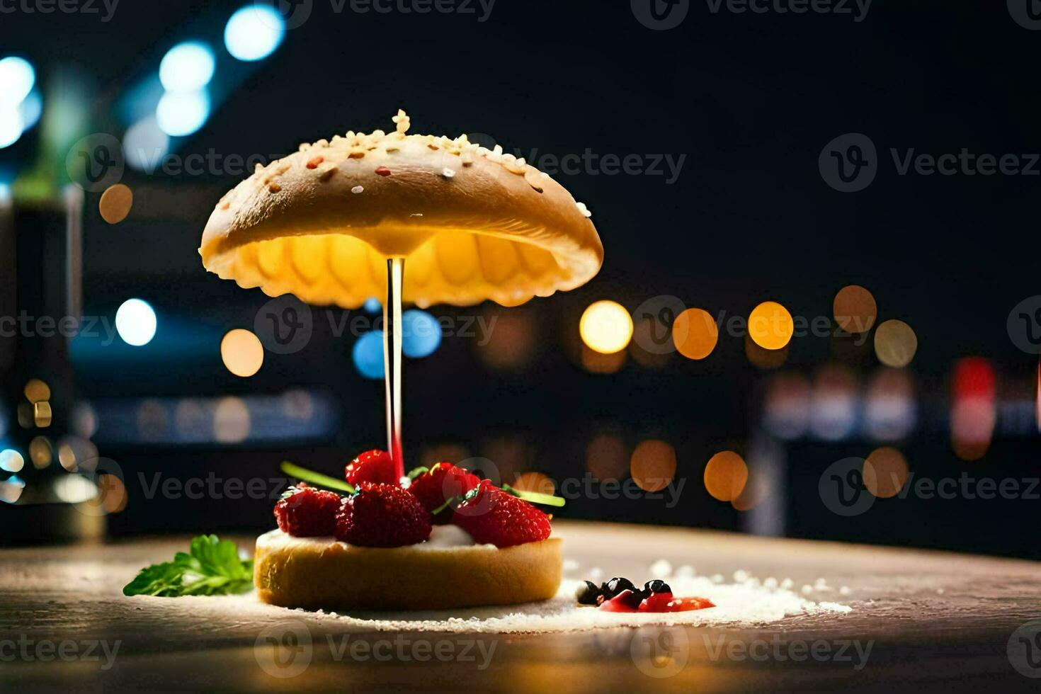 a burger with berries and a lighted umbrella. AI-Generated photo