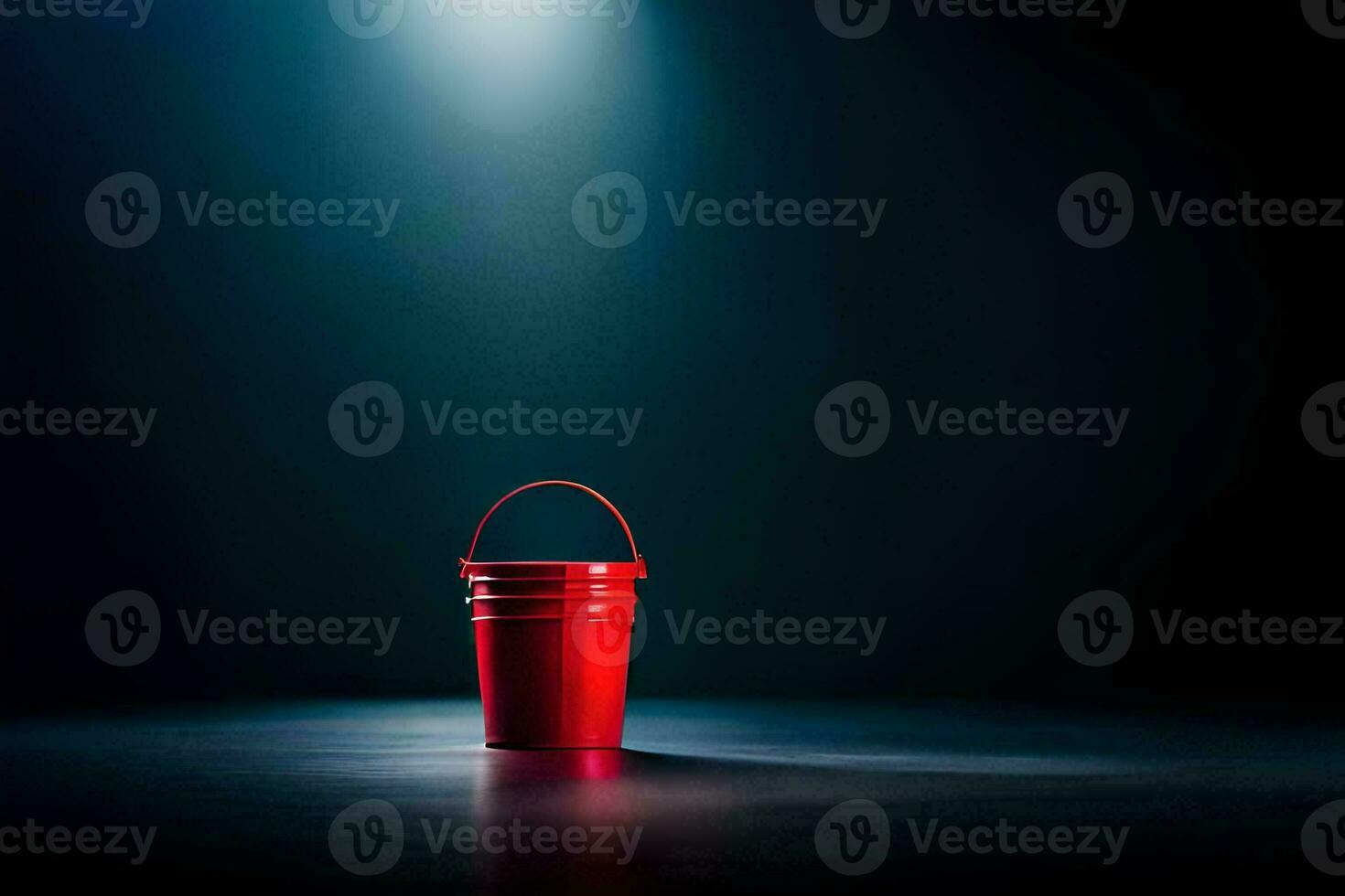 a red bucket on a dark floor with a spotlight. AI-Generated photo