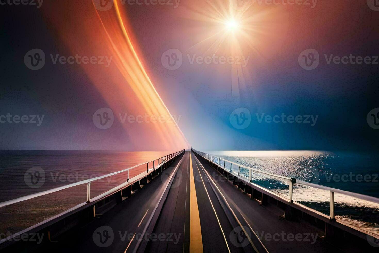 a long bridge with a bright light shining over it. AI-Generated photo