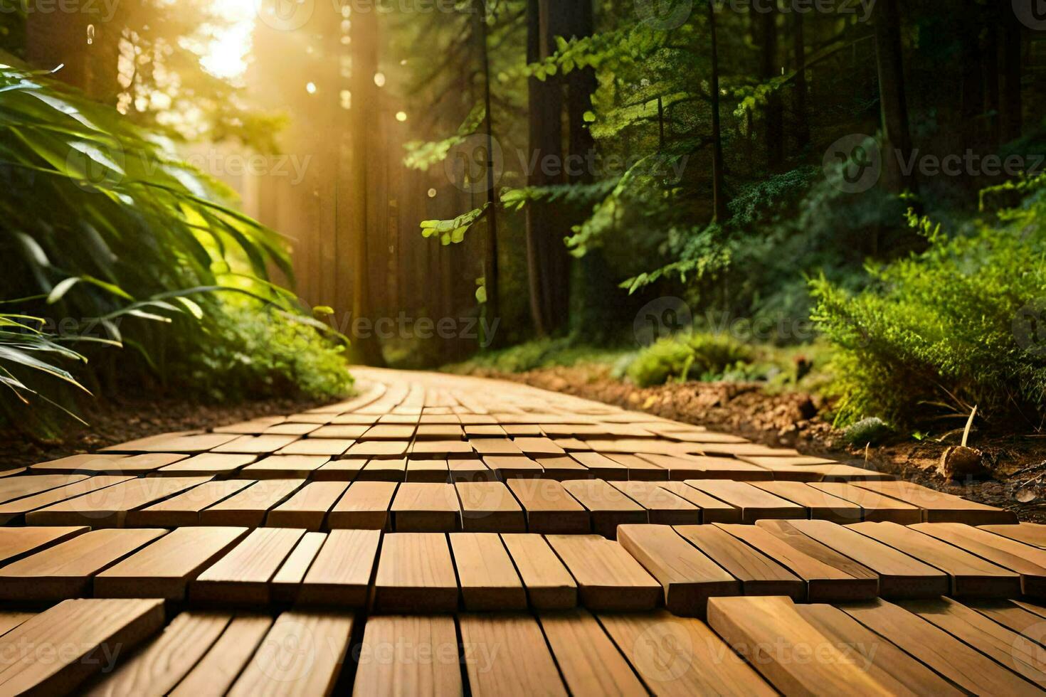 a wooden path in the woods with sunlight shining through. AI-Generated photo