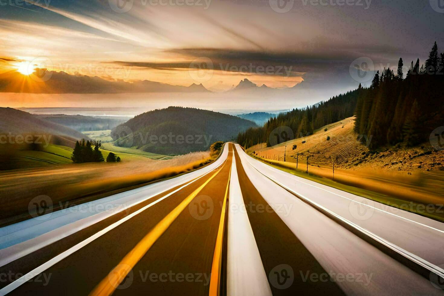a long exposure photograph of a road in the mountains. AI-Generated photo