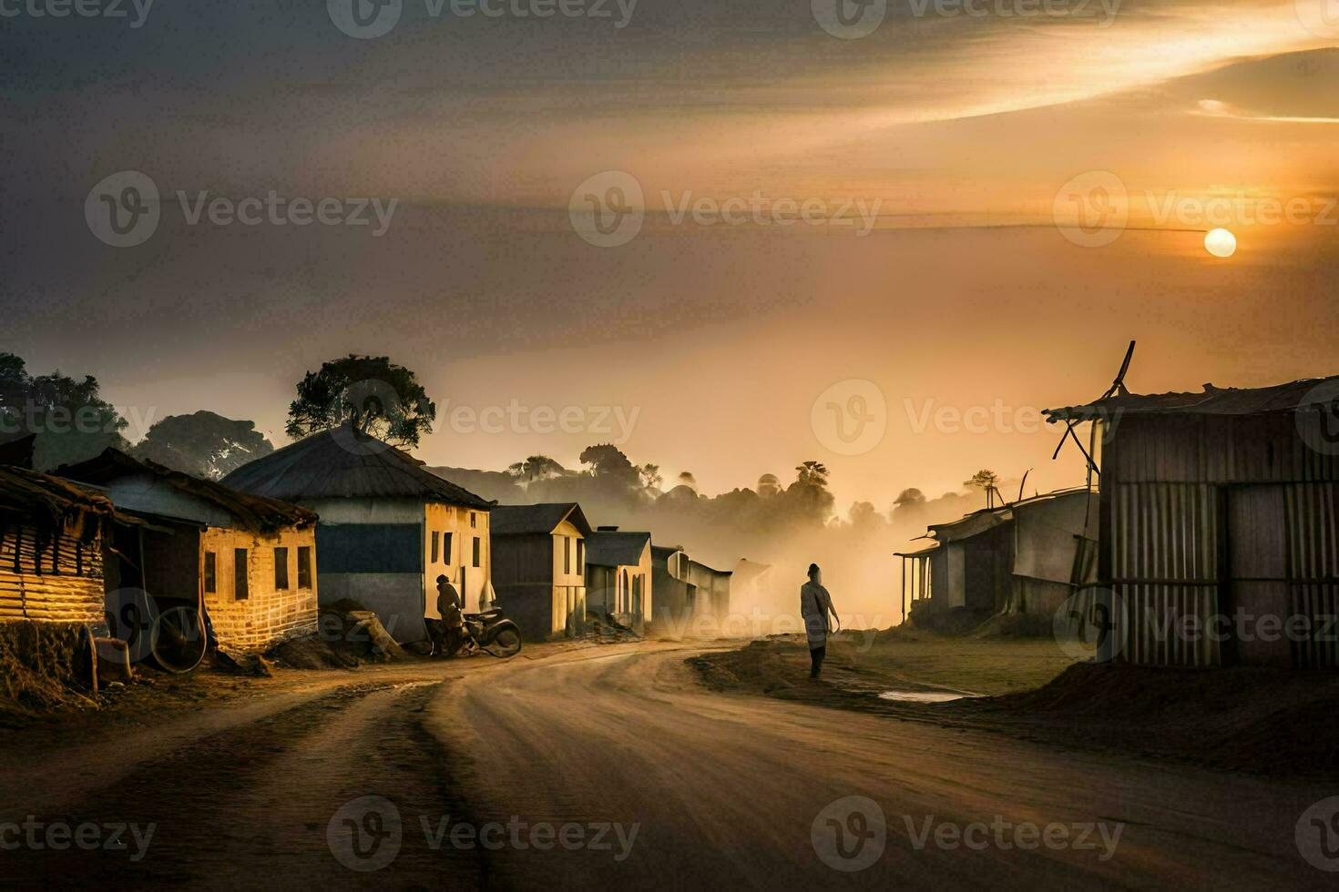 a man walks down a dirt road in front of a village. AI-Generated photo