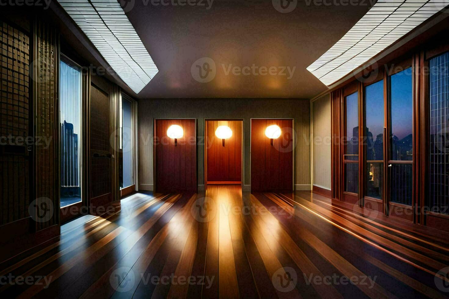 a hallway with wooden floors and lights. AI-Generated photo