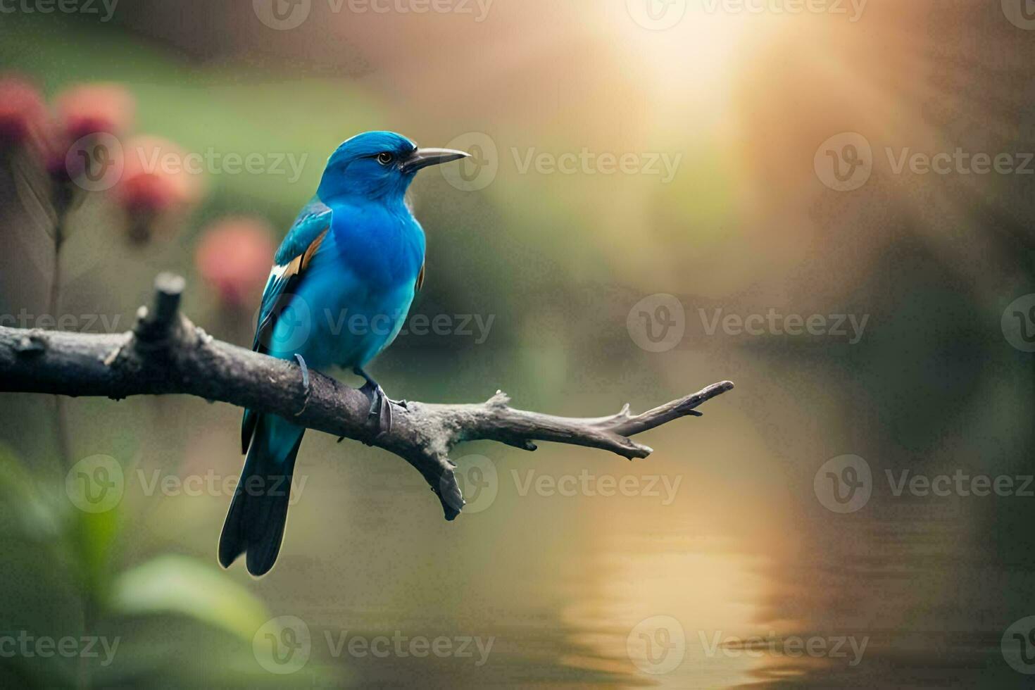 a blue bird sits on a branch near water. AI-Generated photo