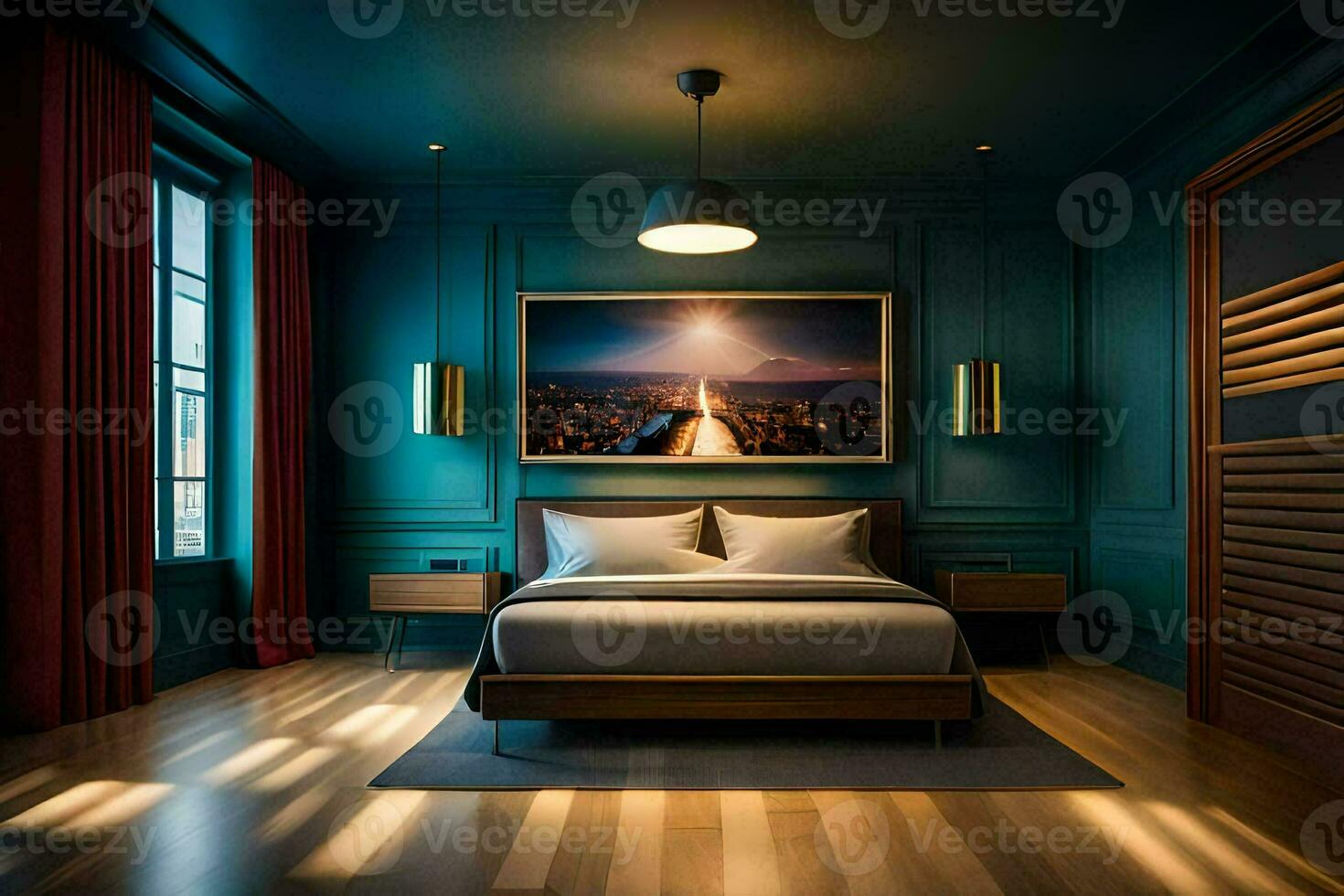 a bedroom with a large painting on the wall. AI-Generated photo