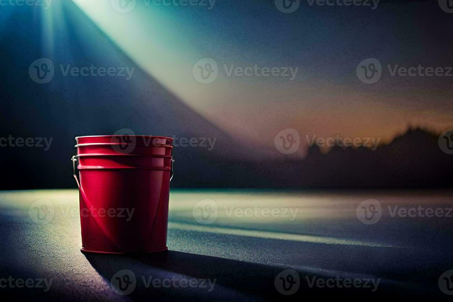 a red bucket sitting on the ground in front of a bright light. AI-Generated photo