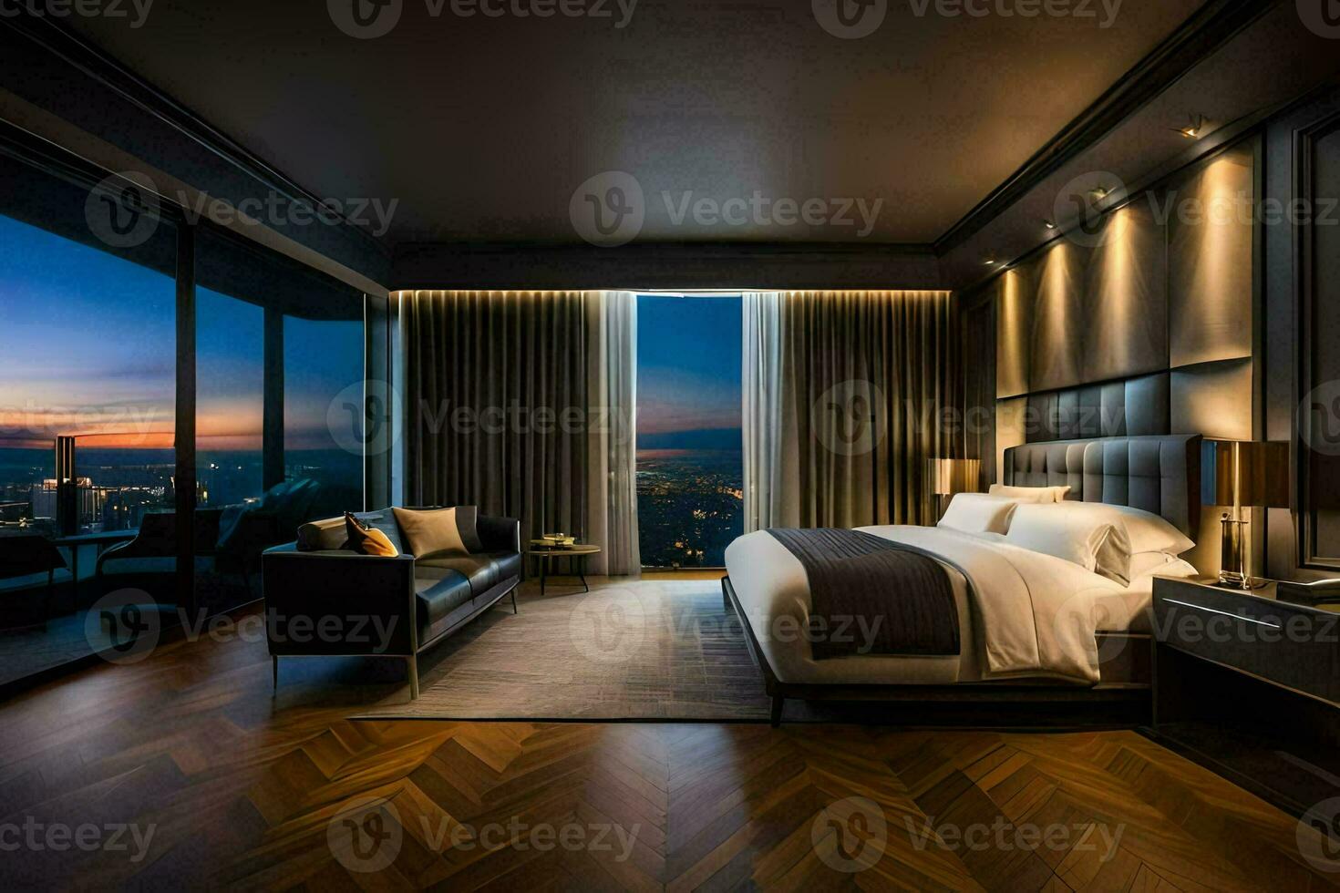a bedroom with a view of the city at night. AI-Generated photo