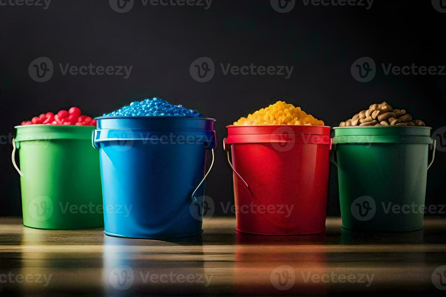 four buckets of colored candy in different colors. AI-Generated photo