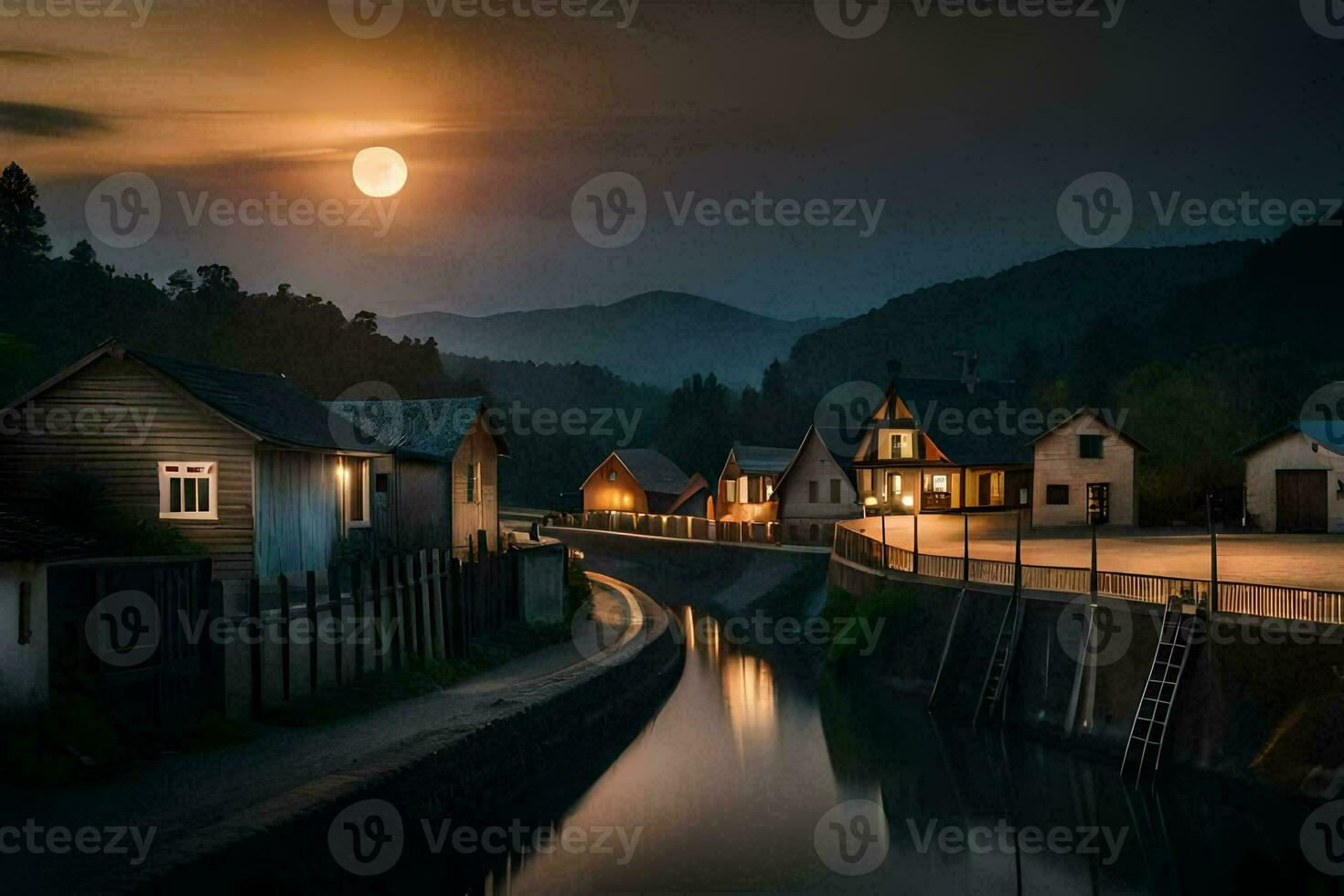 a river runs through a town at night with a full moon. AI-Generated photo