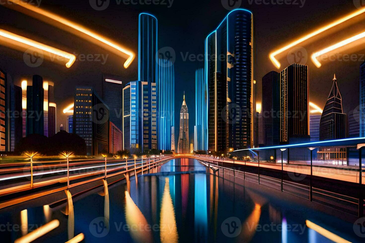 a city at night with lights and traffic. AI-Generated photo