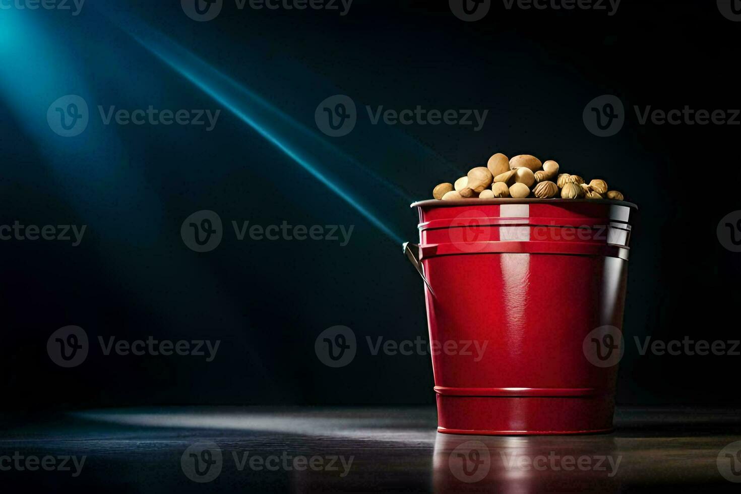 a red bucket filled with peanuts on a dark table. AI-Generated photo