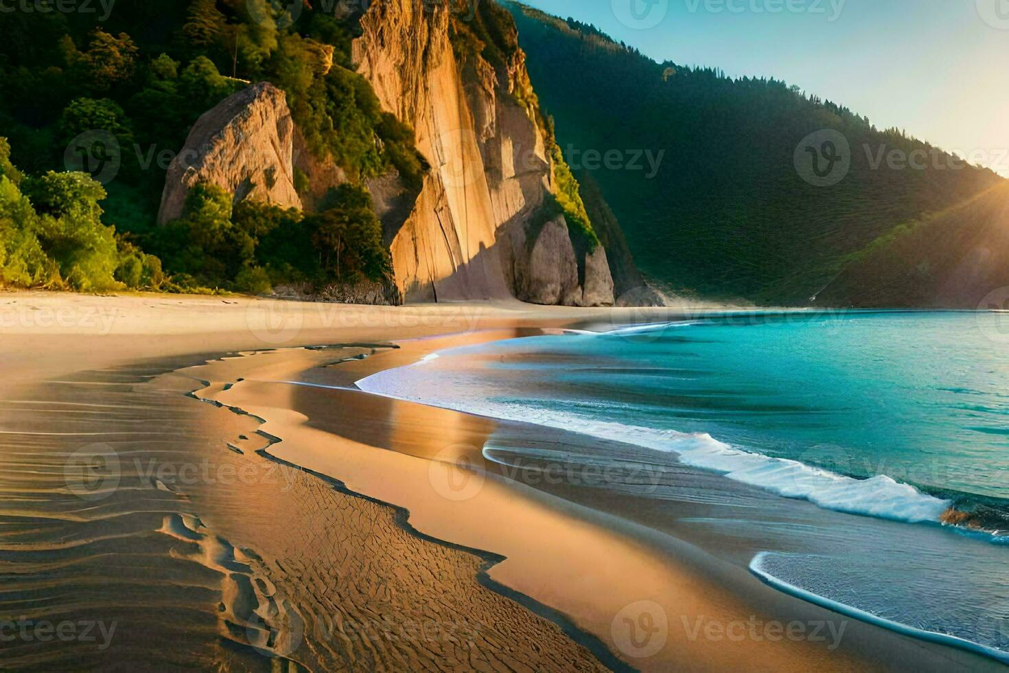a beach with sand and water in front of cliffs. AI-Generated photo