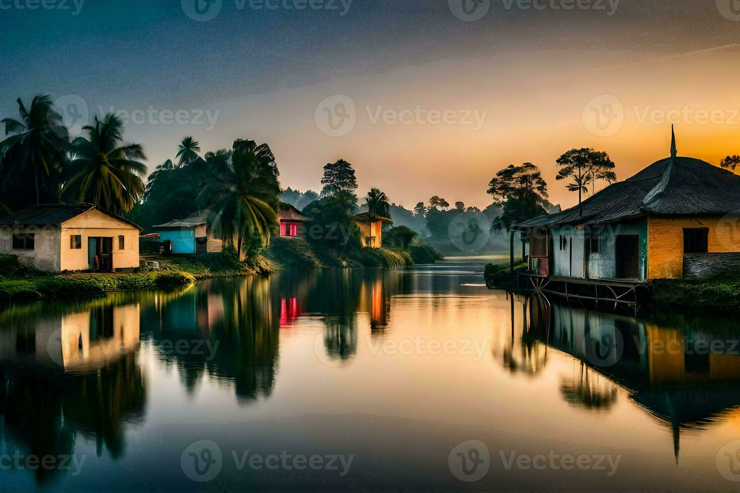 a river in the middle of a village at sunset. AI-Generated photo