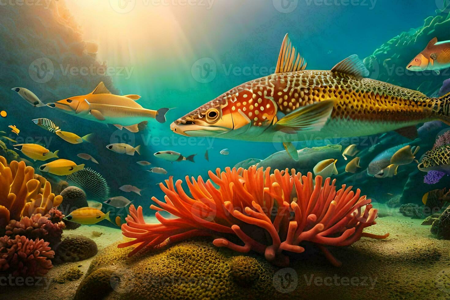 fish swimming in the ocean with coral and other fish. AI-Generated photo
