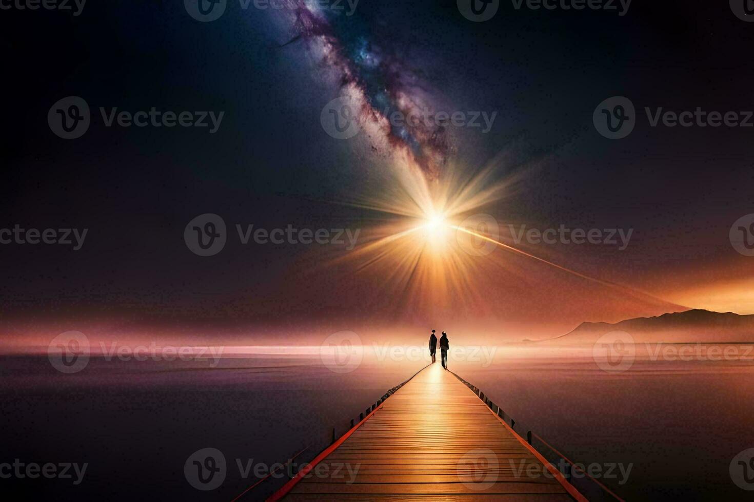 a man stands on a pier looking at the sky. AI-Generated photo
