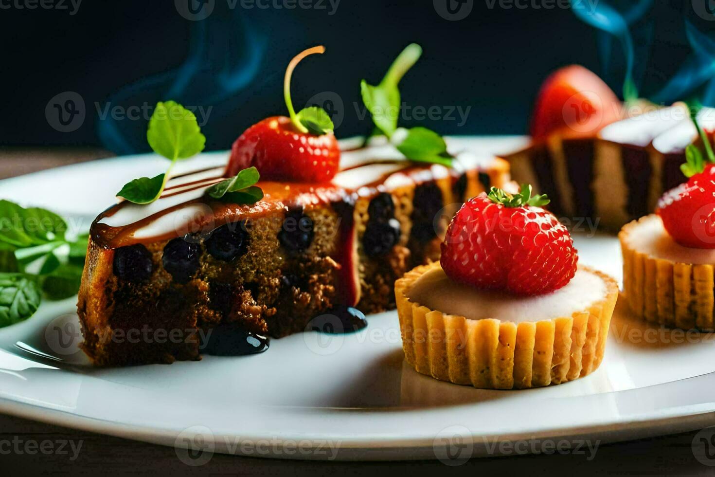 a plate with a piece of cake and strawberries. AI-Generated photo