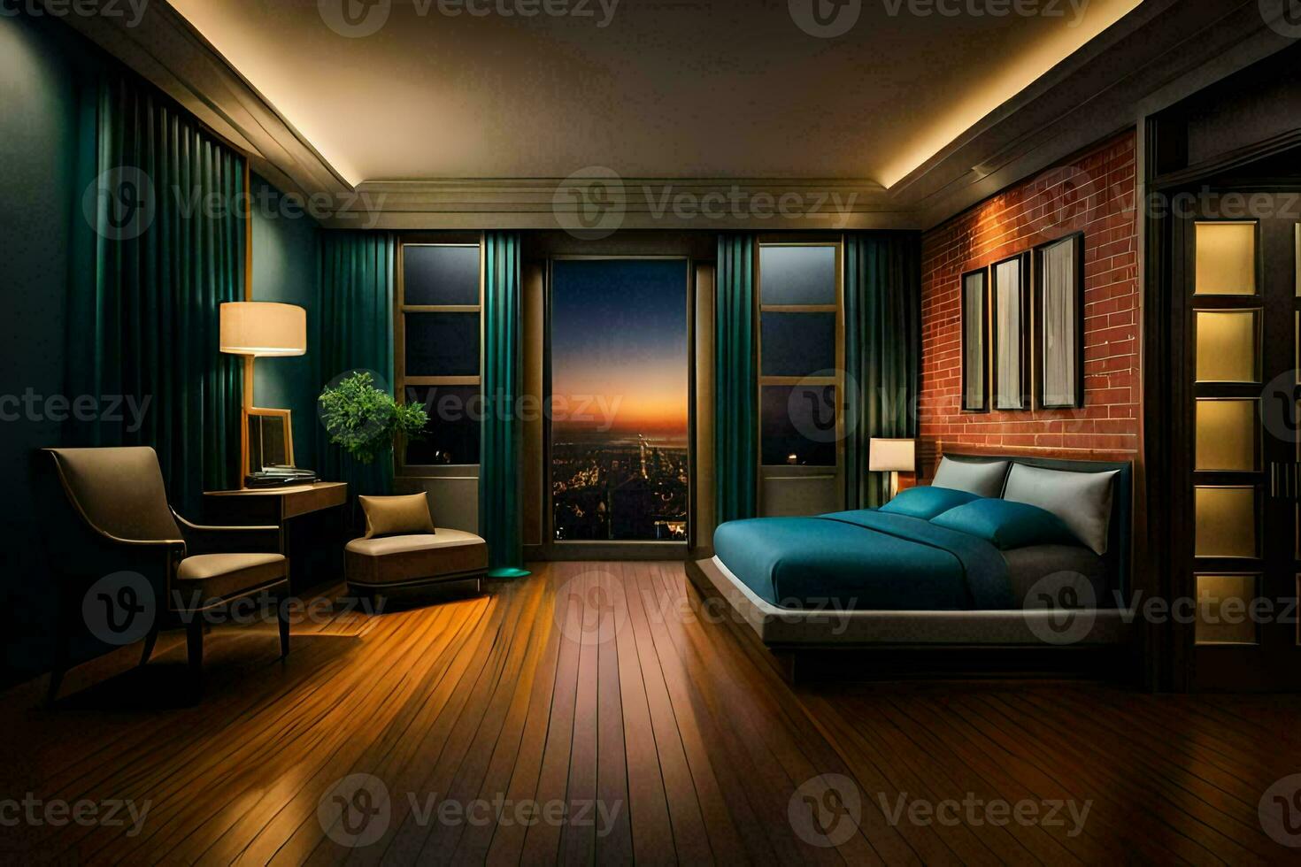 un dormitorio con un ver de el ciudad a noche. generado por ai foto