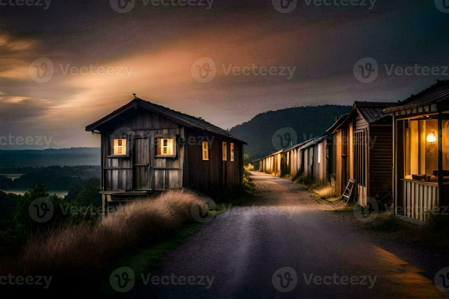 photo wallpaper the sky, road, house, the dark, the light, the road, the. AI-Generated