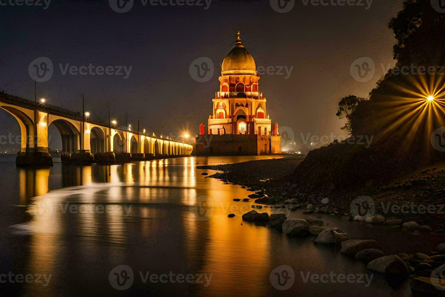 the bridge at night with a tower in the background. AI-Generated photo