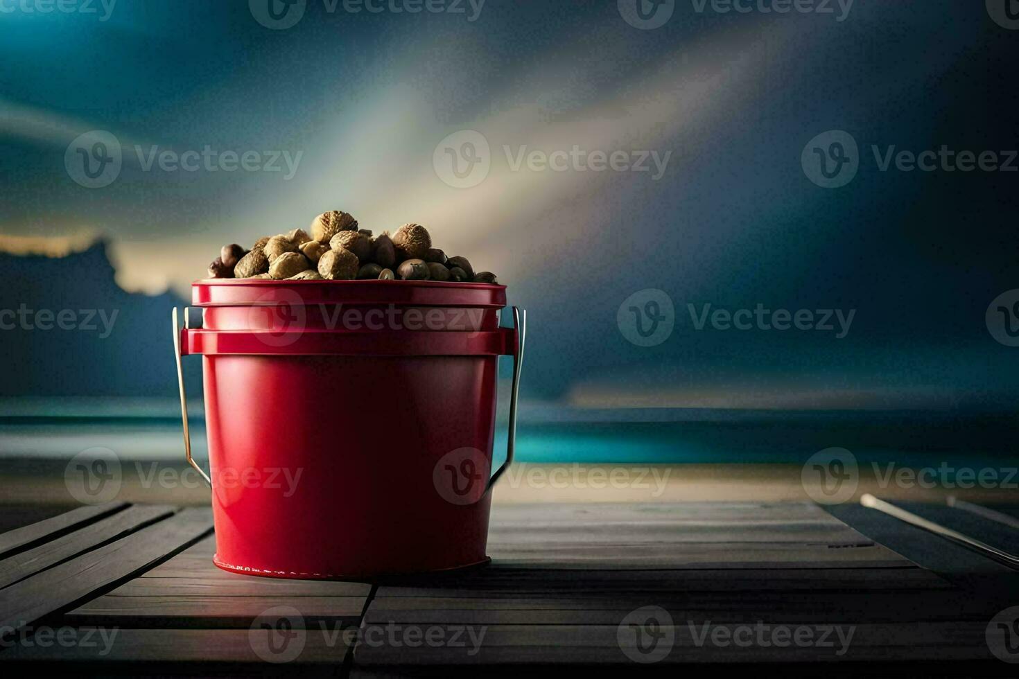 a bucket of peanuts on a wooden table. AI-Generated photo