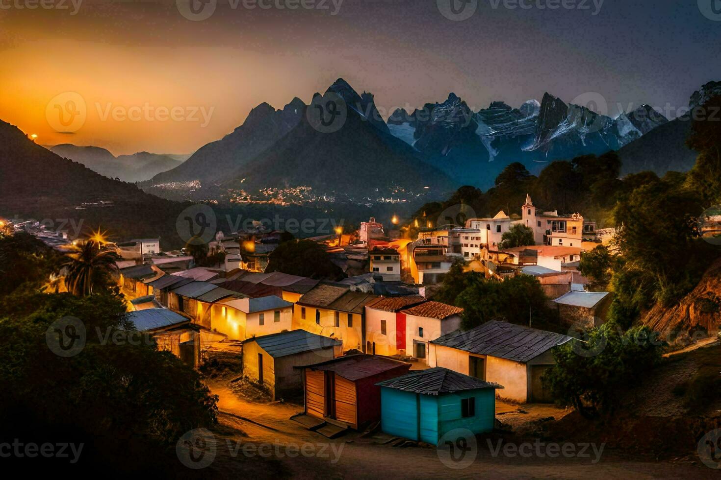 a town at sunset with mountains in the background. AI-Generated photo