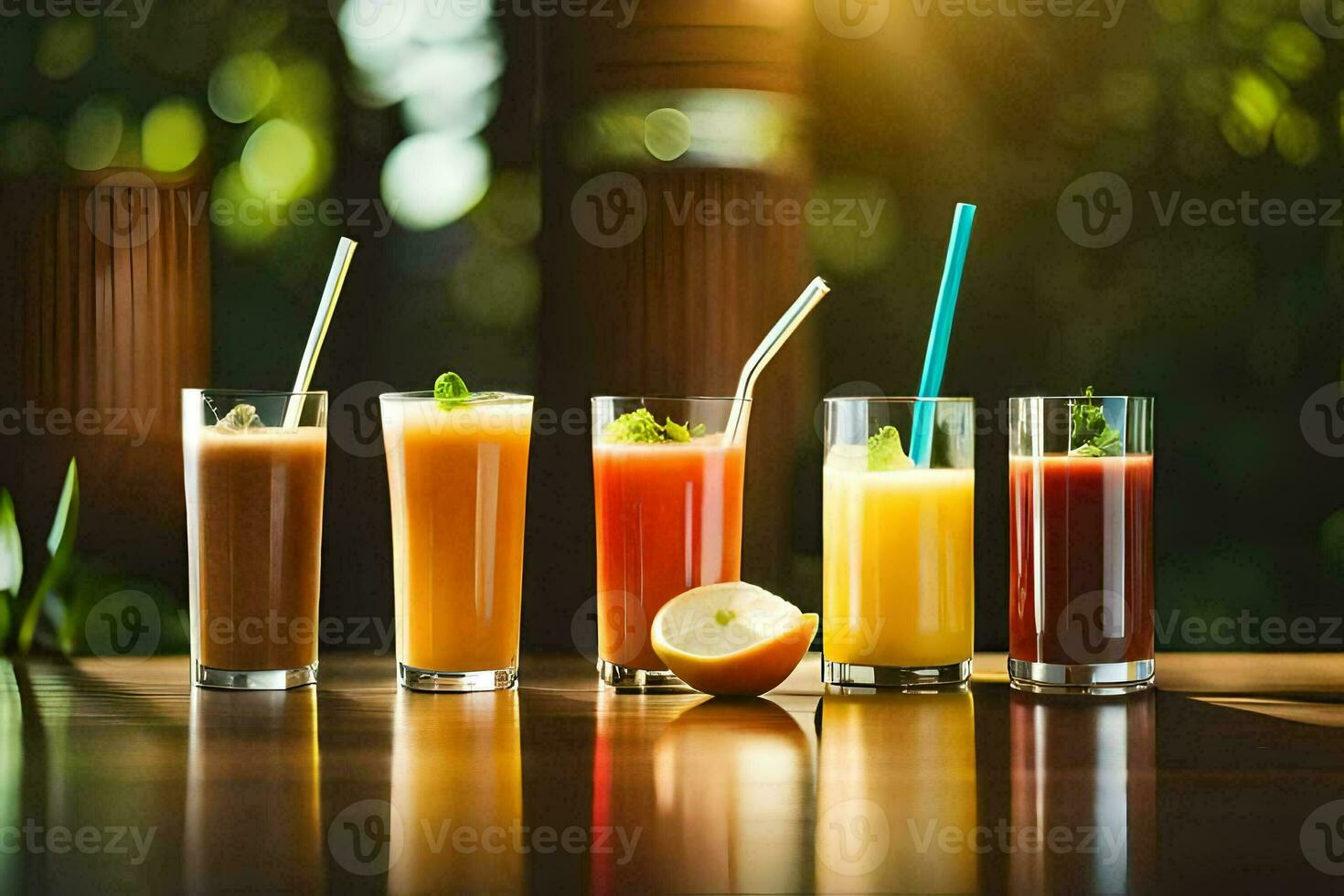 five different types of juices on a table. AI-Generated photo