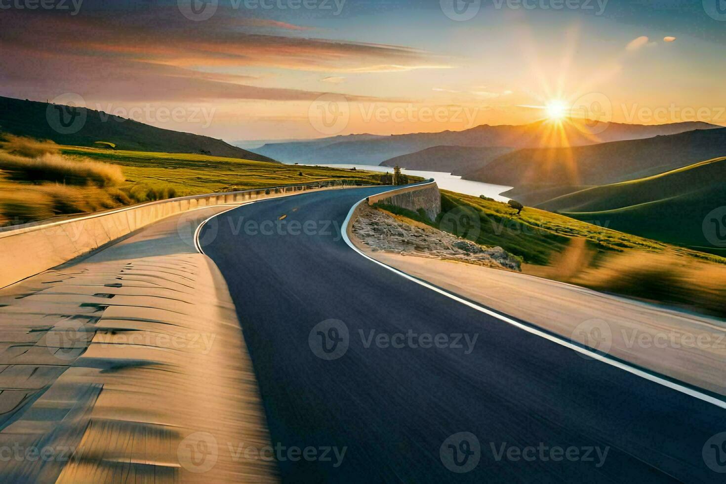 a road with the sun setting over the mountains. AI-Generated photo