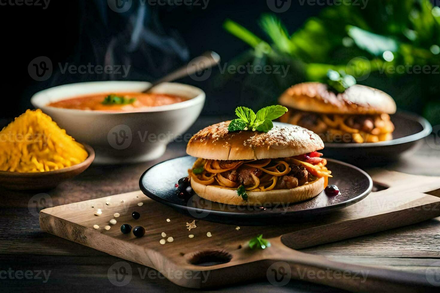 two burgers on a wooden board with a bowl of soup. AI-Generated photo