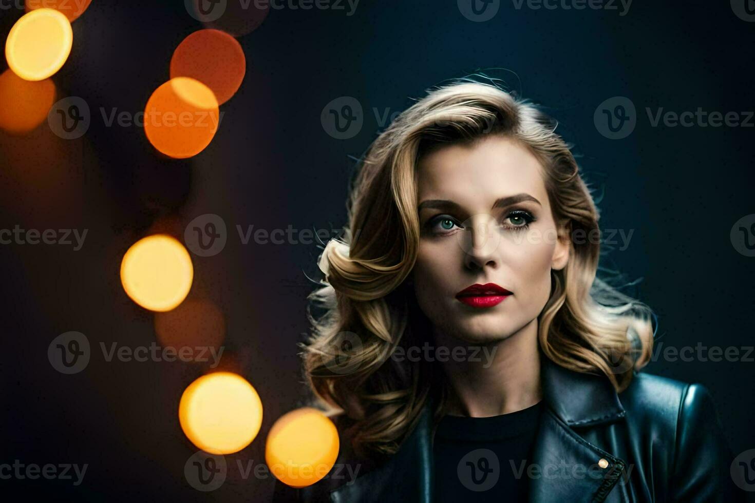 a beautiful woman in a leather jacket and red lipstick. AI-Generated photo
