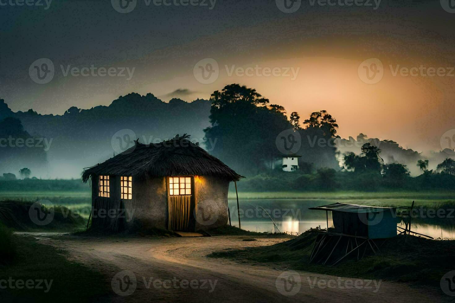 a small hut sits on the side of a road at sunset. AI-Generated photo