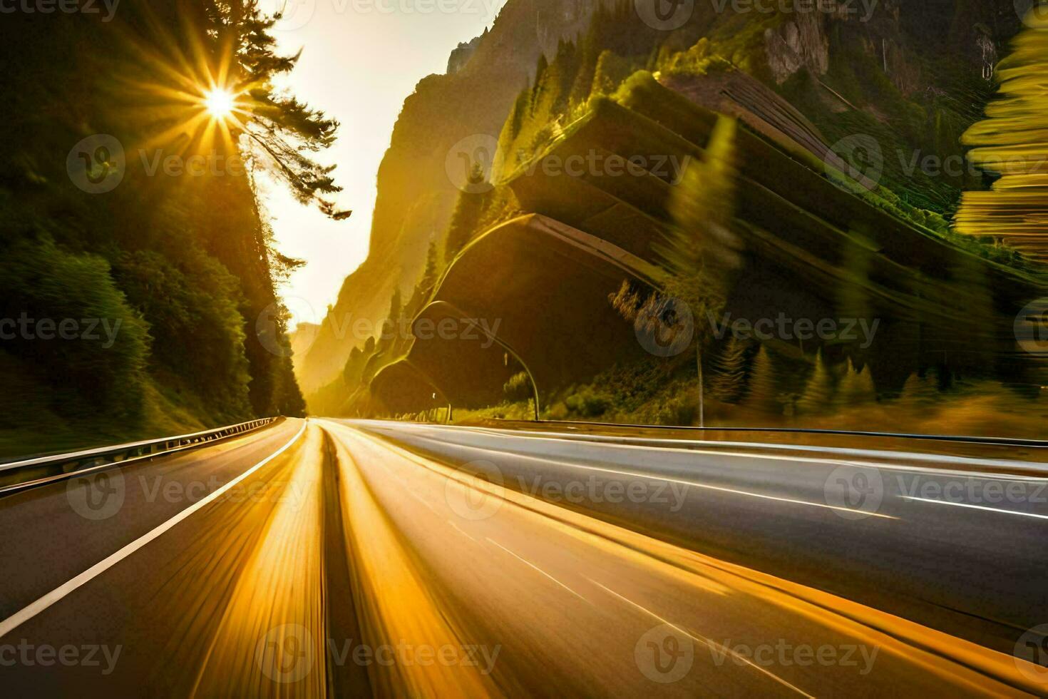 a car driving down a highway with the sun shining. AI-Generated photo