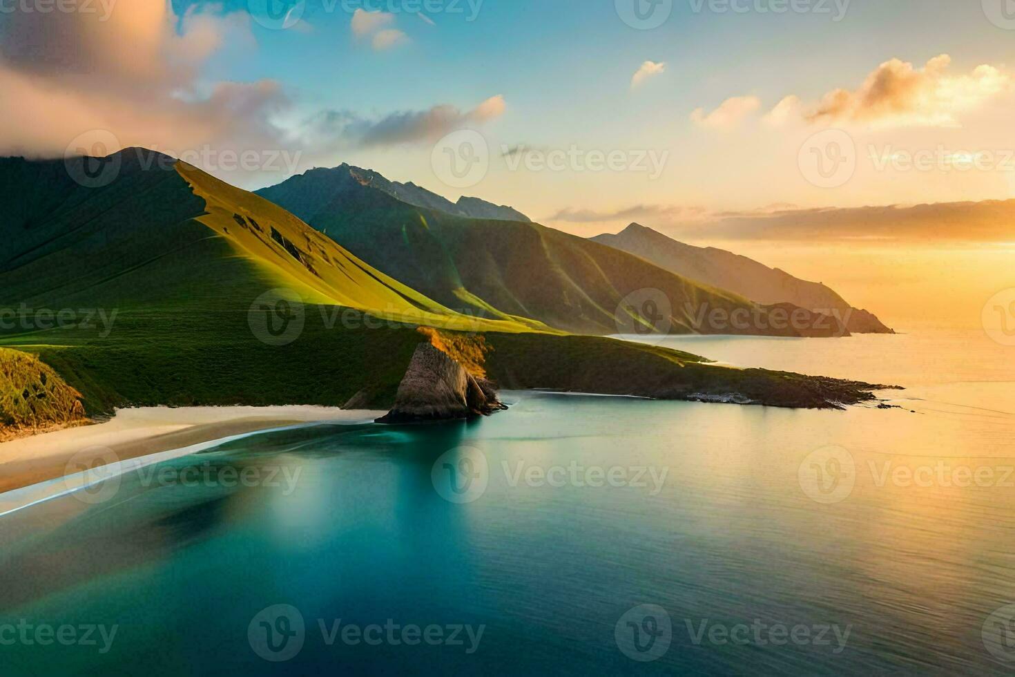 a beautiful beach and mountains at sunset. AI-Generated photo