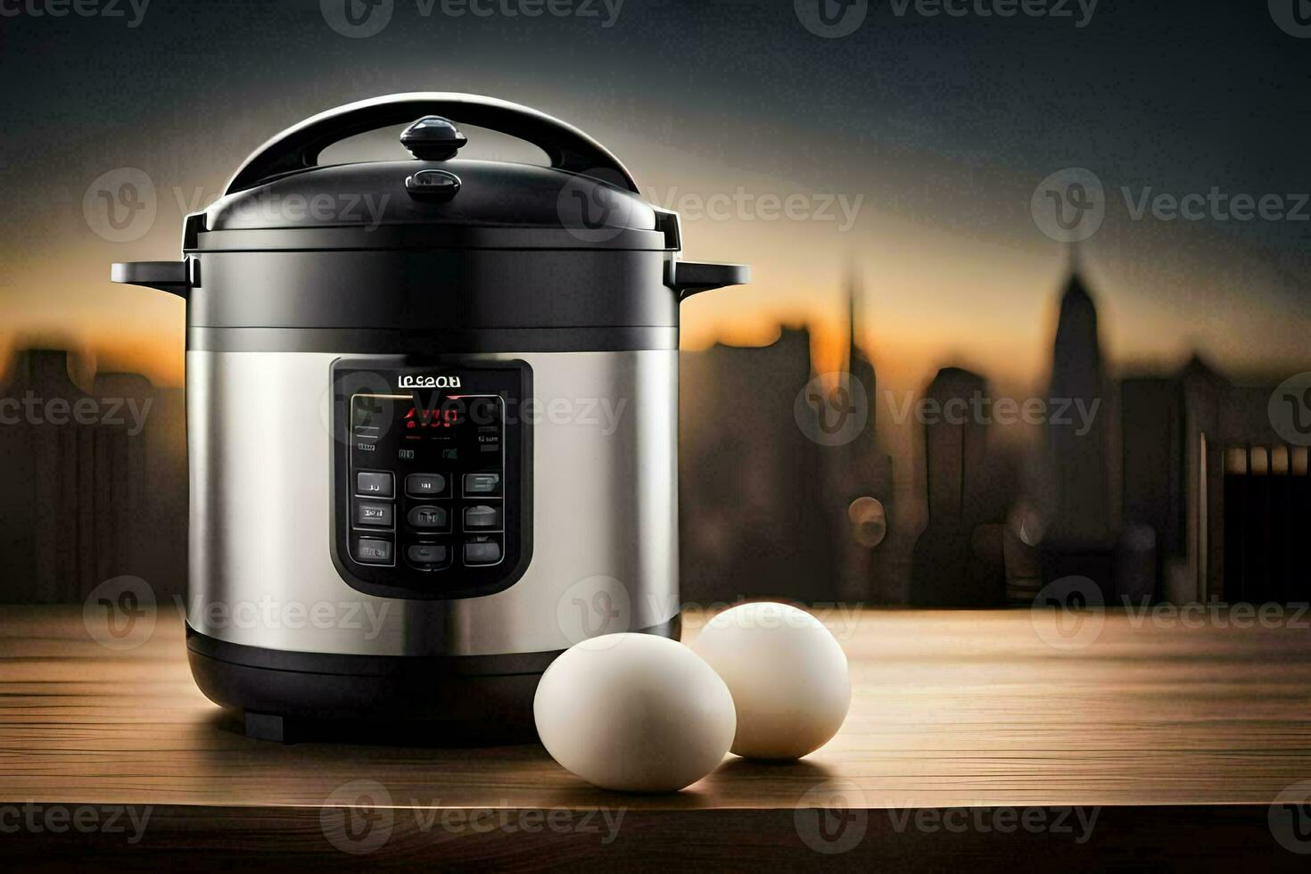 a large pressure cooker with two eggs on a table. AI-Generated photo