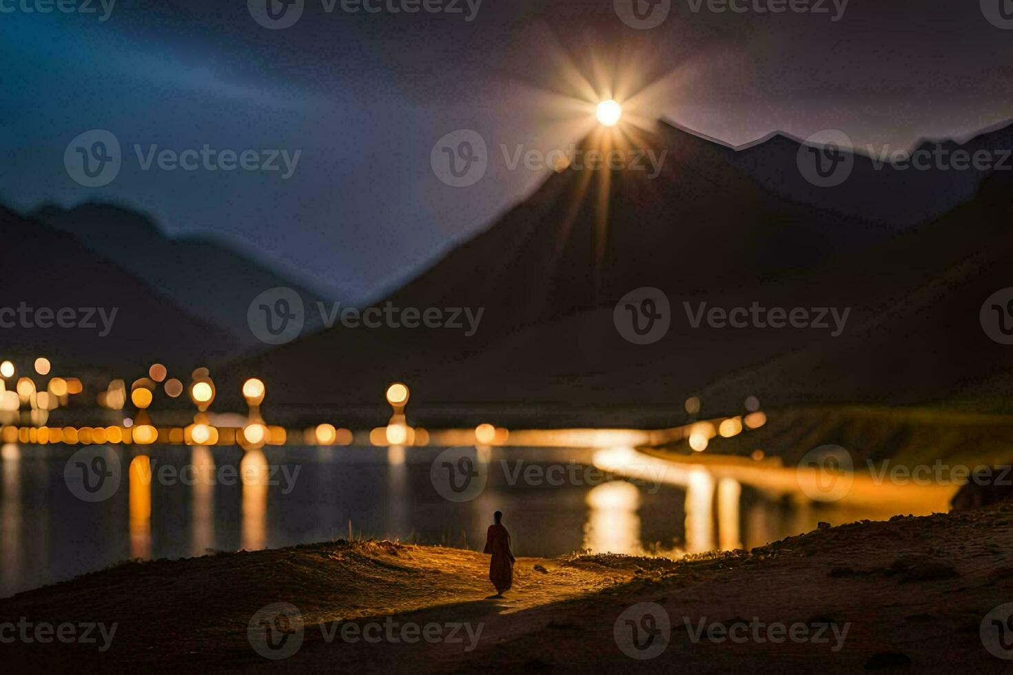un persona caminando a lo largo el playa a noche. generado por ai foto