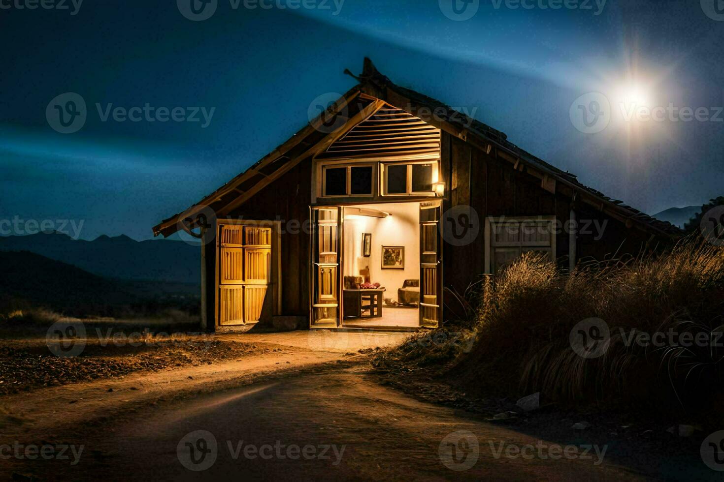the moonlight shines on the house at night. AI-Generated photo
