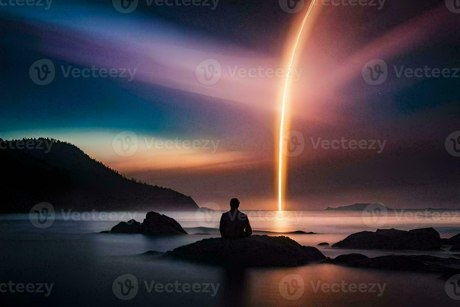 a man sitting on rocks in front of a rocket. AI-Generated photo